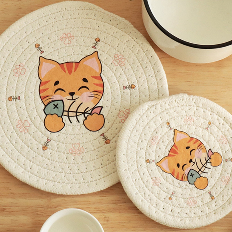 Description Picture 3 of itemJapanese-Style Ins Braided Insulation Table Mats Coasters Creative Cute Cartoon Kitten Coaster Bowl Mat Cotton Rope Placemat